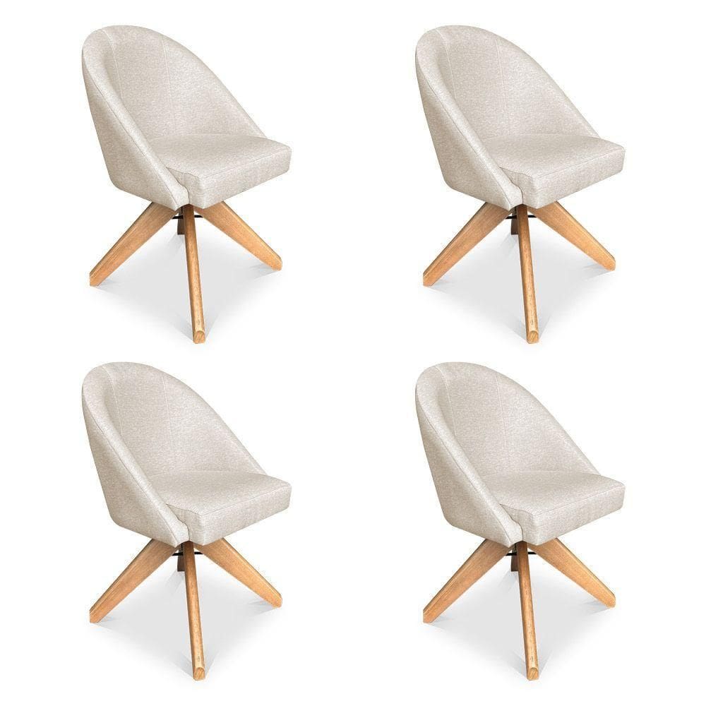 Kit 04 Poltronas Cadeira Giratória Bela Linho Bege Base De Madeira - Pallazio