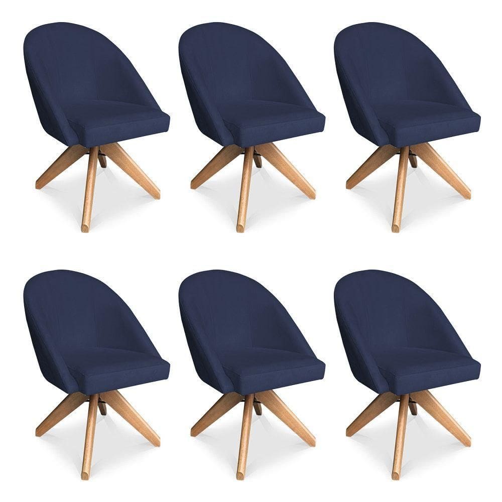 Kit 06 Poltronas Cadeira Giratória Bela Suede Base De Madeira - Pallazio Azul Marinho