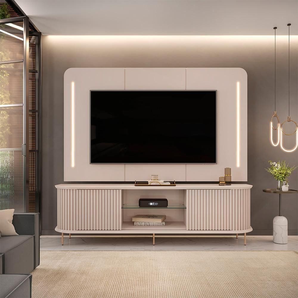 Painel Com Bancada Sala De Estar 218cm Saitama Para Tv Até 75 Com Portas Ripadas E Led Off White G18 - Gran Belo