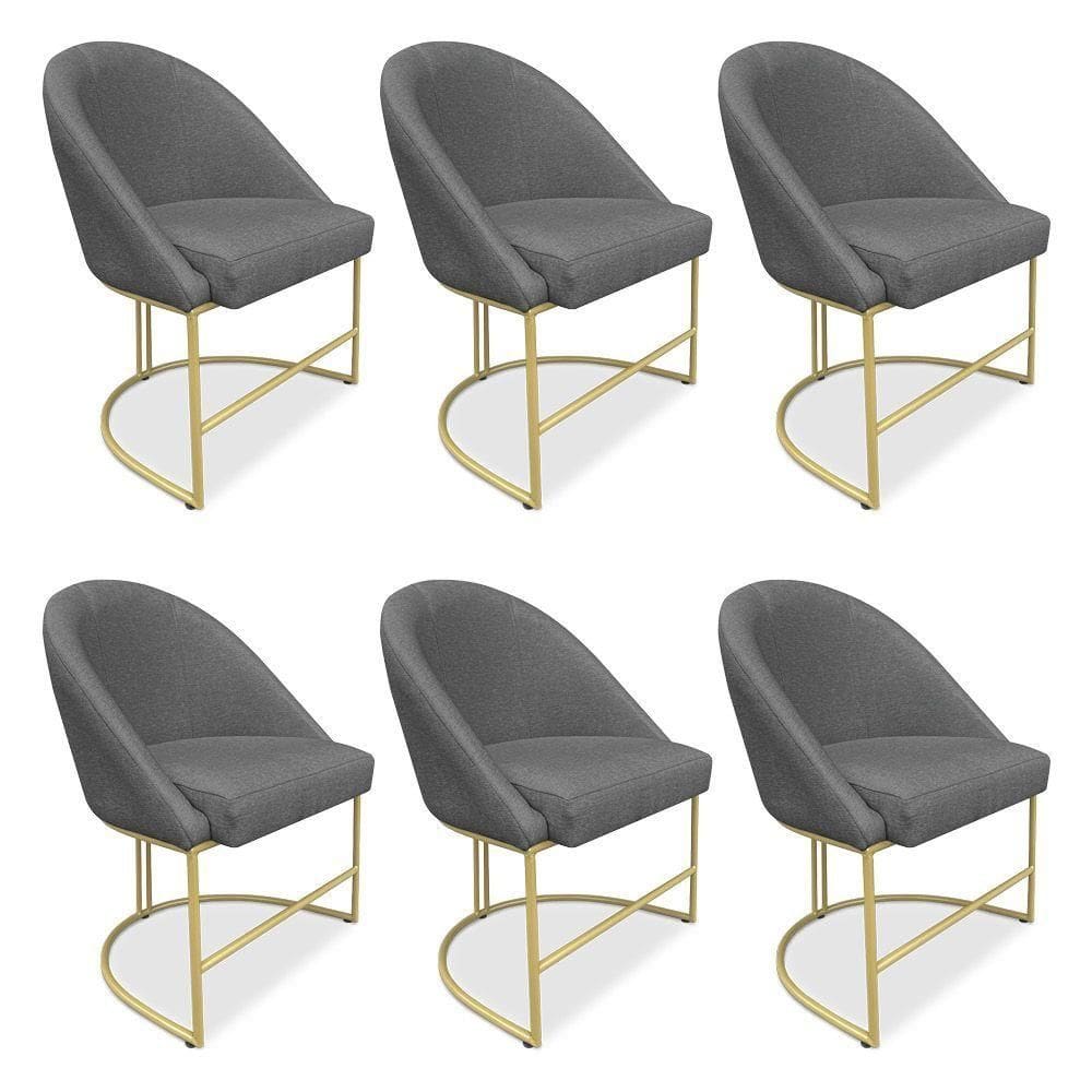 Kit 06 Cadeiras Poltrona De Jantar Bela Linho Grafite Base Metálica Industrial Dourado - Pallazio