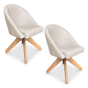 Kit 02 Poltronas Cadeira Giratória Bela Linho Bege Base De Madeira - Pallazio
