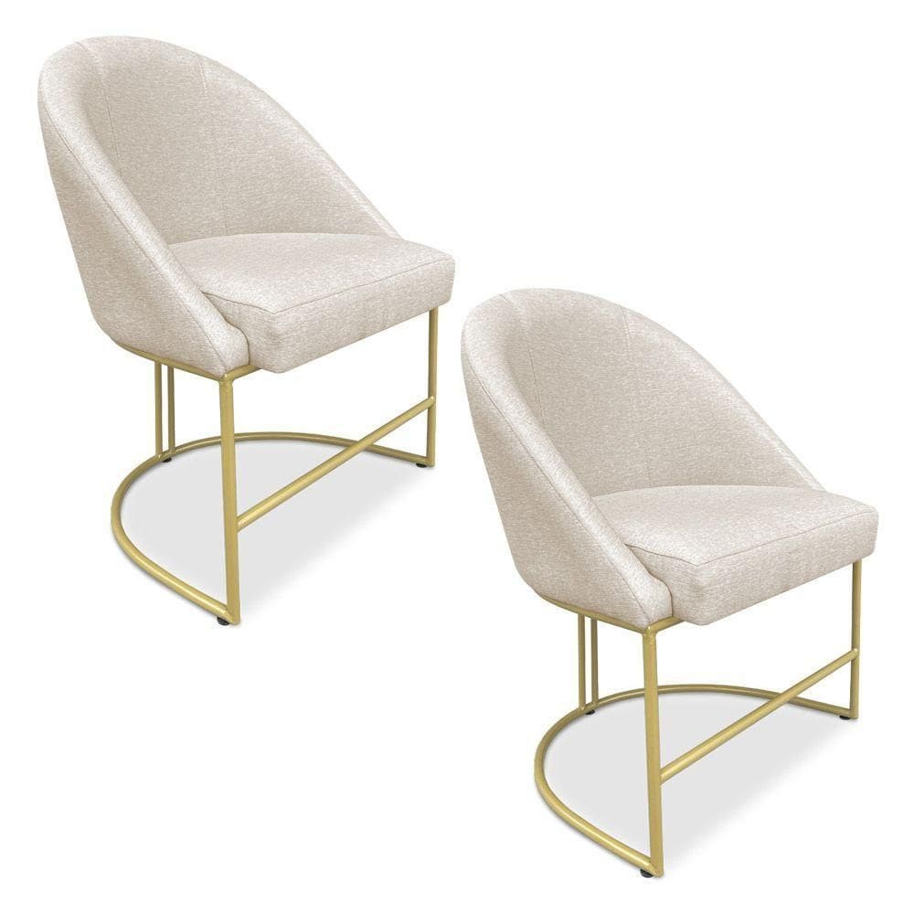 Kit 02 Cadeiras Poltrona De Jantar Bela Linho Bege Base Metálica Industrial Dourado - Pallazio