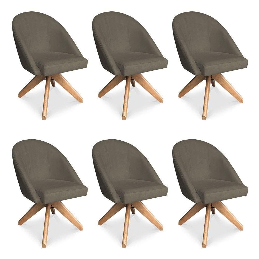Kit 06 Poltronas Cadeira Giratória Bela Suede Marrom Rato Base De Madeira - Pallazio