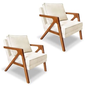 Kit 2 Poltronas Decorativa Luiza Linho Bouclê Bege Base Em Madeira Castanho - Pallazio