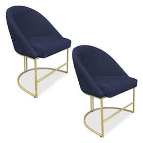 Kit 02 Cadeiras Poltrona De Jantar Bela Suede Base Metálica Industrial Dourado Azul Marinho