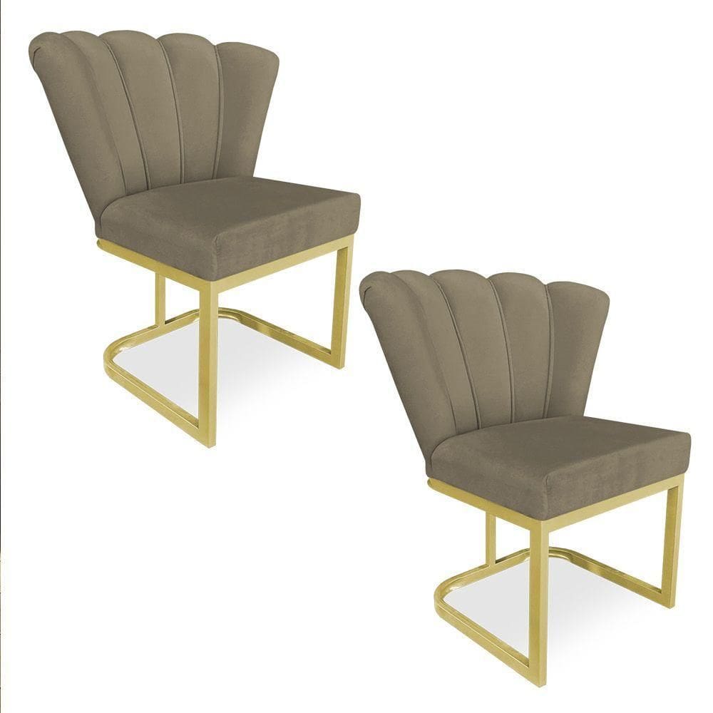 Kit 02 Poltronas Flor Veludo Capuccino Base Metálica Industrial Dourado - Pallazio