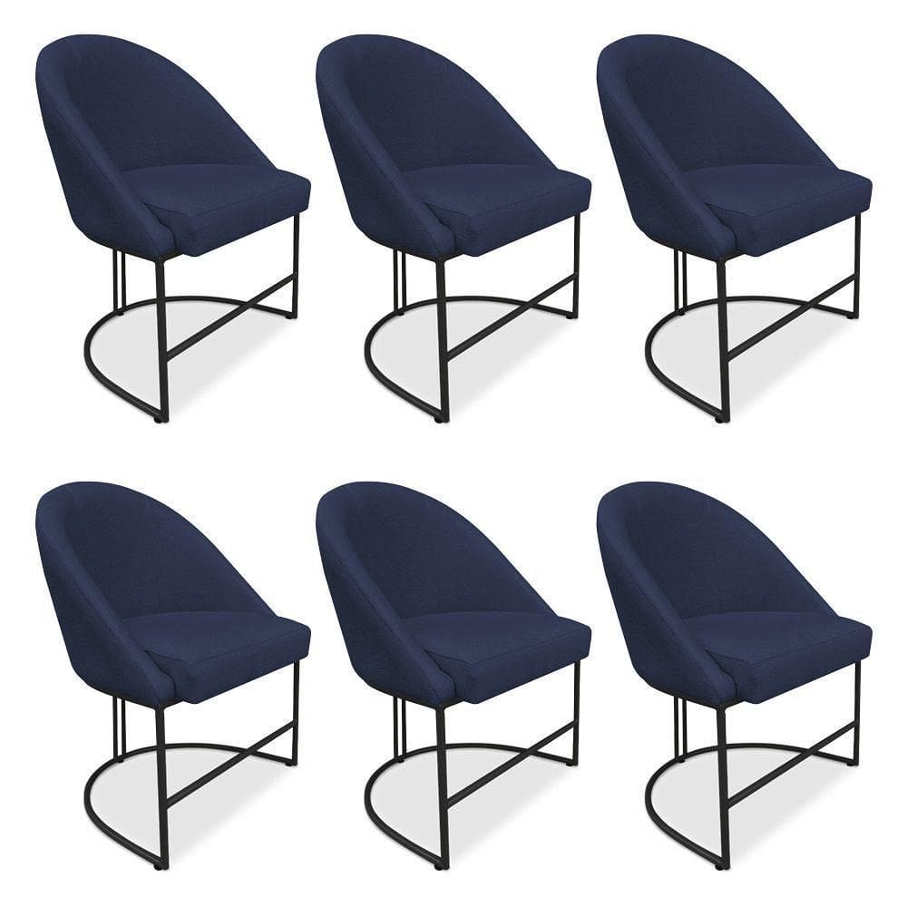 Kit 06 Cadeiras Poltrona De Jantar Bela Suede Base Metálica Industrial Preto - Pallazio Azul Marinho