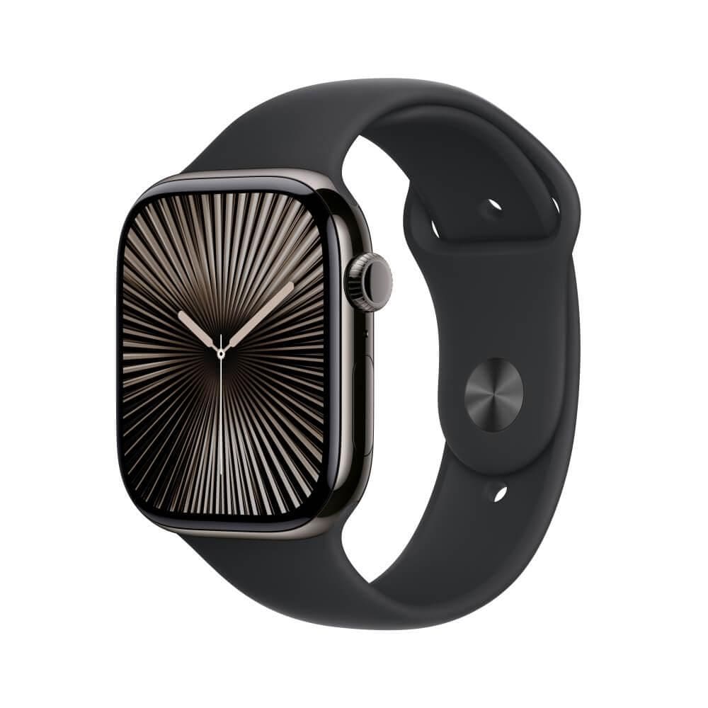 Apple Watch Series 10 GPS + Cellular • Caixa ardósia de titânio – 46 mm • Pulseira esportiva preta – P/M