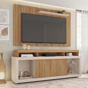 Conjunto Decorativo Rack E Bancada Brendan Mdf/mdp Ripado Para Tv 55 Pol. Buriti/offwhite G11 - Gran Belo