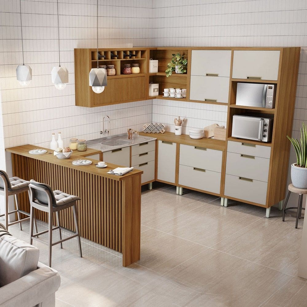 Cozinha Completa Imperatriz 8 Portas 9 Gavetas com Ilha Gourmet Ripado 100% Mdf Freijó/Off White - Nesher