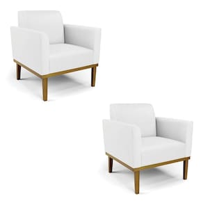 Kit 2 Poltronas Decorativas Pés Fixo Em Madeira Castanho Pu Branco