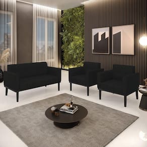 Conjunto 2 Poltronas E 1 Namoradeira Decorativa Pés Fixo Em Madeira Preto Linho Preto