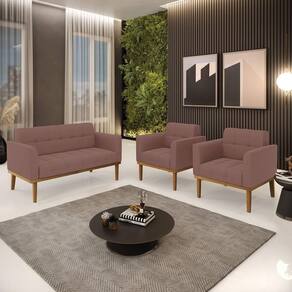 Conjunto 2 Poltronas E 1 Namoradeira Decorativa Pés Fixo Em Madeira Castanho Veludo Rose