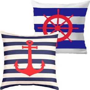Kit 2 Capas De Almofadas âncora E Timão Vermelho Marítima