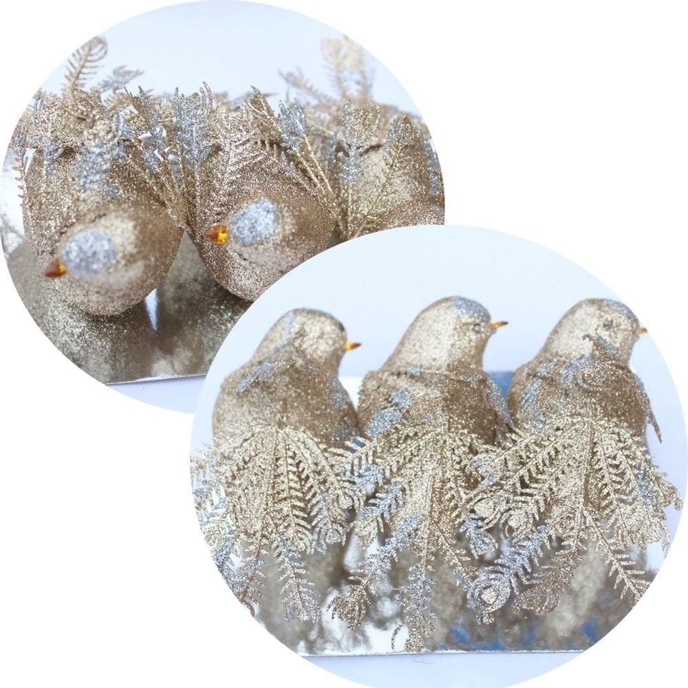 Kit 3 Decoração Natal Presilha Pássaro Com Glitter Bronze