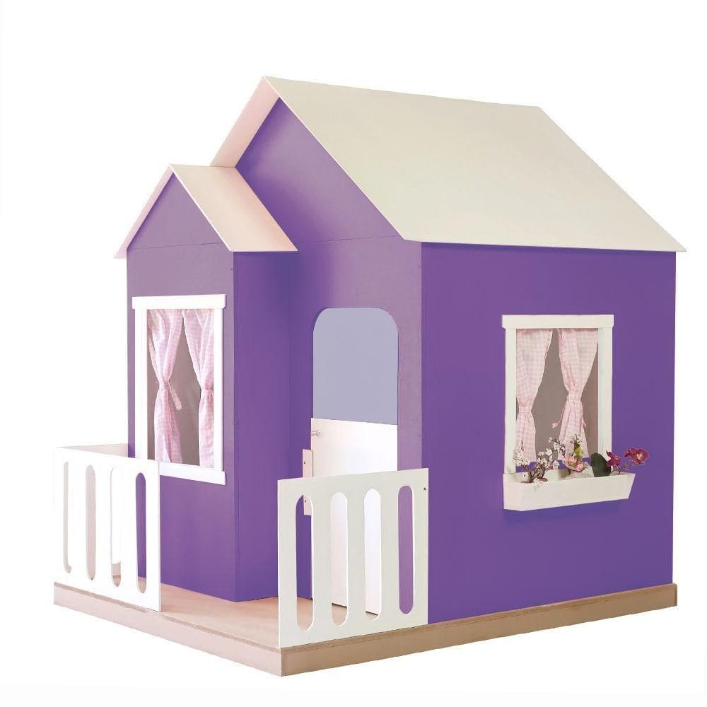 Casinha De Brinquedo Artesanal Janela Lateral Versátil Com Cortinas Mdf Roxo/branco L12 - Criança Feliz
