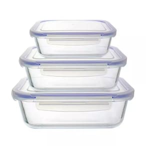Kit 3 Potes de Vidro Refratário Hermético Retangular 400ml + 630ml + 1000ml