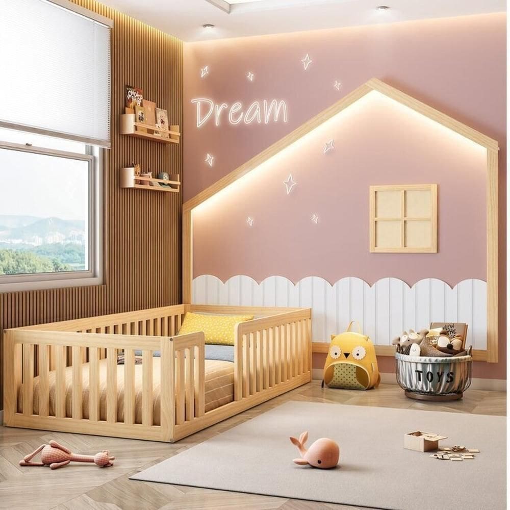 Cama Solteiro Montessoriana Giulia e Moldura Infantil Casinha Dream decor casatema Branco / Natural