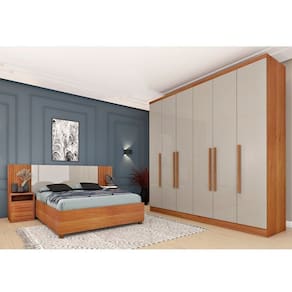 Quarto Casal Completo Roupeiro Veneza 4 Gavetas, Cama Casal Mônaco e Painel Ripado 4 Gavetas Cinamomo/Off White