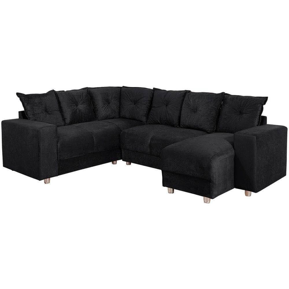 Sofá de Canto 5070 com Chaise 6 Lugares Suede Preto
