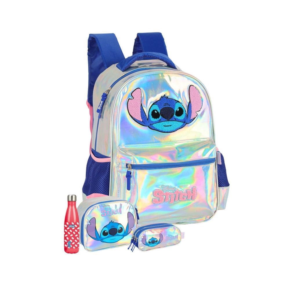 Kit Lilo Stitch Mochila Rodas+Lancheira+Estojo+Garrafa