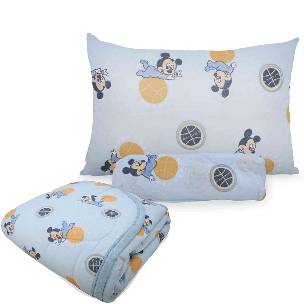 Kit Edredom + Jogo de Lençol para Berço 100% Algodão 3 Peça Mickey Travesso Baby Menino Portallar
