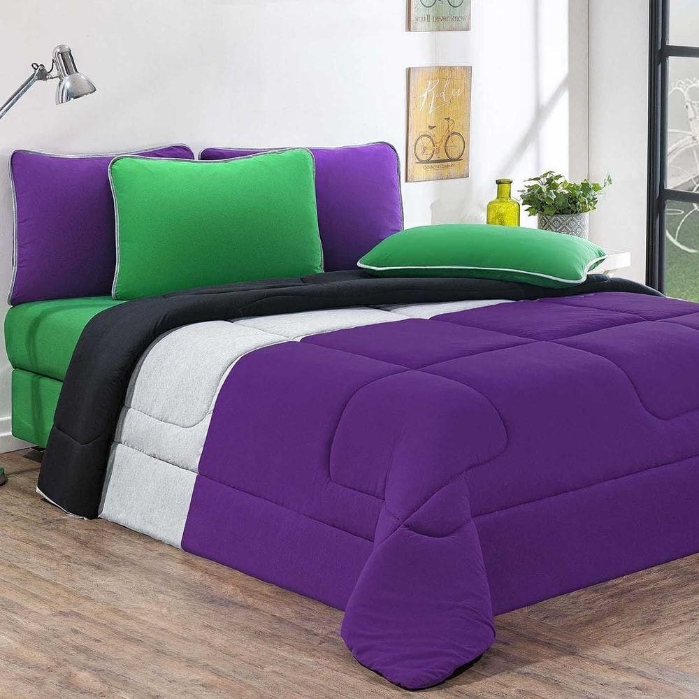 Kit Edredom + Jogo De Lençol 100% Algodão Urbano 6 Peças King Roxo-mescla-preto