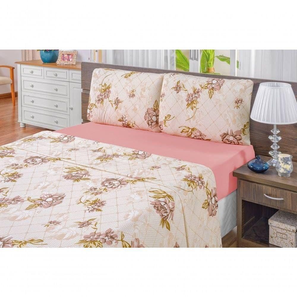 Jogo De Cama Malha Solteiro Quality 03 Peças - Estampa Rosê