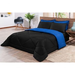 Kit Edredom + Jogo De Lençol Aconchego Look House Dupla Face Casal Queen 06 Peças - Preto- Azul