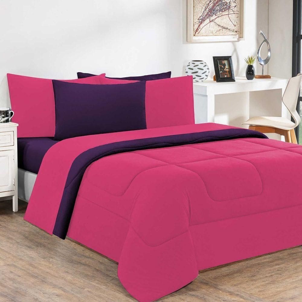 Kit Edredom + Jogo De Lençol 100% Algodão Gran Moratta 7 Peças King Pink roxo