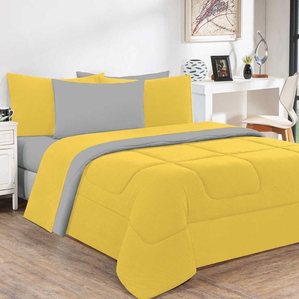 Kit Edredom + Jogo De Lençol 100% Algodão Gran Moratta 7 Peças Casal Amarelo-cinza