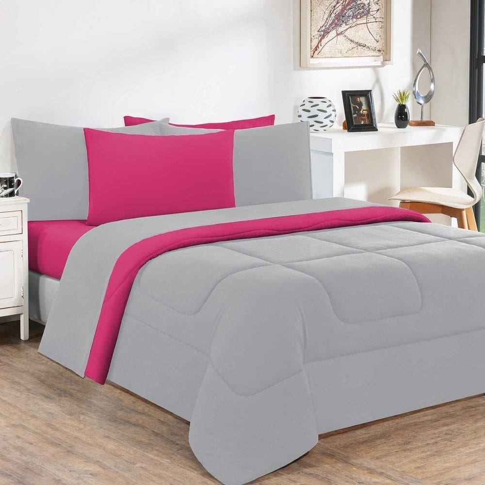 Kit Edredom + Jogo De Lençol 100% Algodão Gran Moratta 7 Peças Casal Cinza-pink