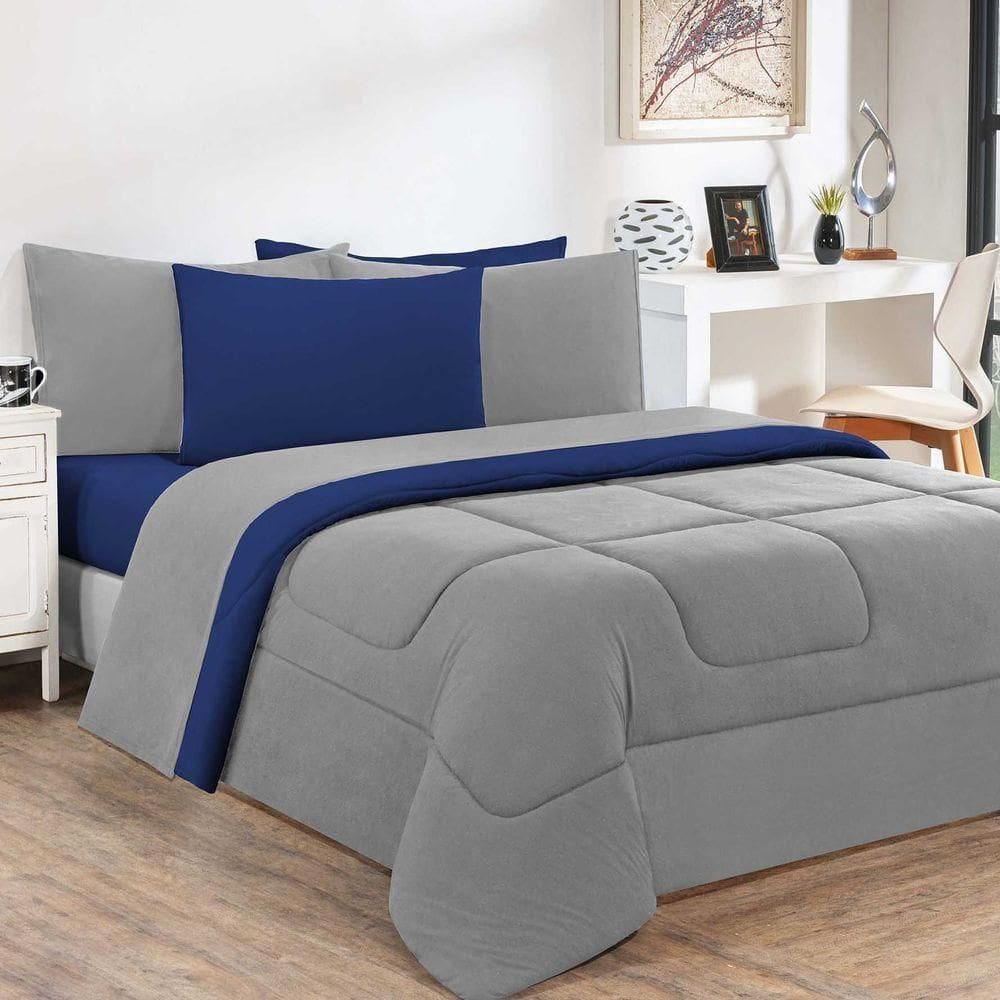 Kit Edredom + Jogo De Lençol Malha 100% Algodão Gran Moratta 4 Peças Solteiro - Cinza-azul Royal