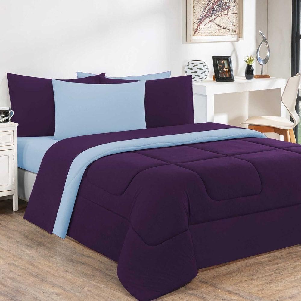 Kit Edredom + Jogo De Lençol Malha 100% Algodão Gran Moratta 7 Peças King - Roxo -azul Bebê