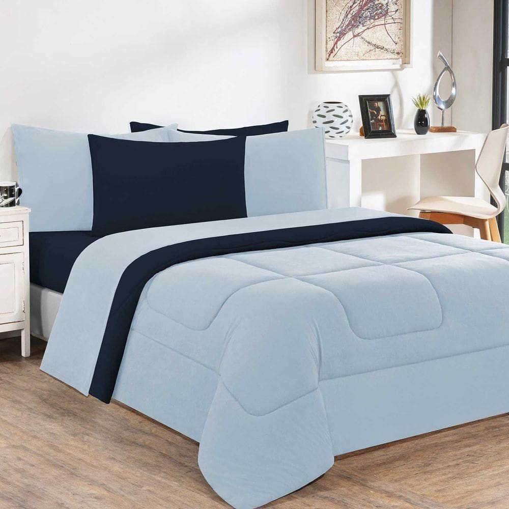 Kit Edredom + Jogo De Lençol 100% Algodão Gran Moratta 6 Peças King Azul Bebê-azul Marinho