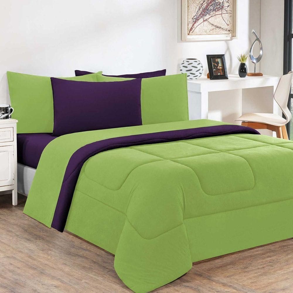 Kit Edredom + Jogo De Lençol 100% Algodão Gran Moratta 6 Peças Queen Verde Pistache-roxo