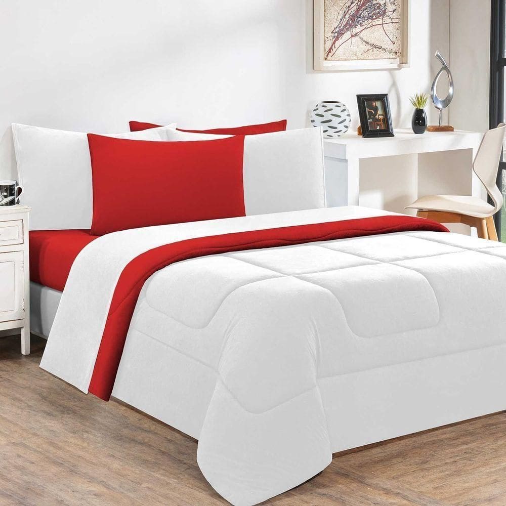 Kit Edredom + Jogo De Lençol 100% Algodão Gran Moratta 7 Peças Casal Branco-vermelho
