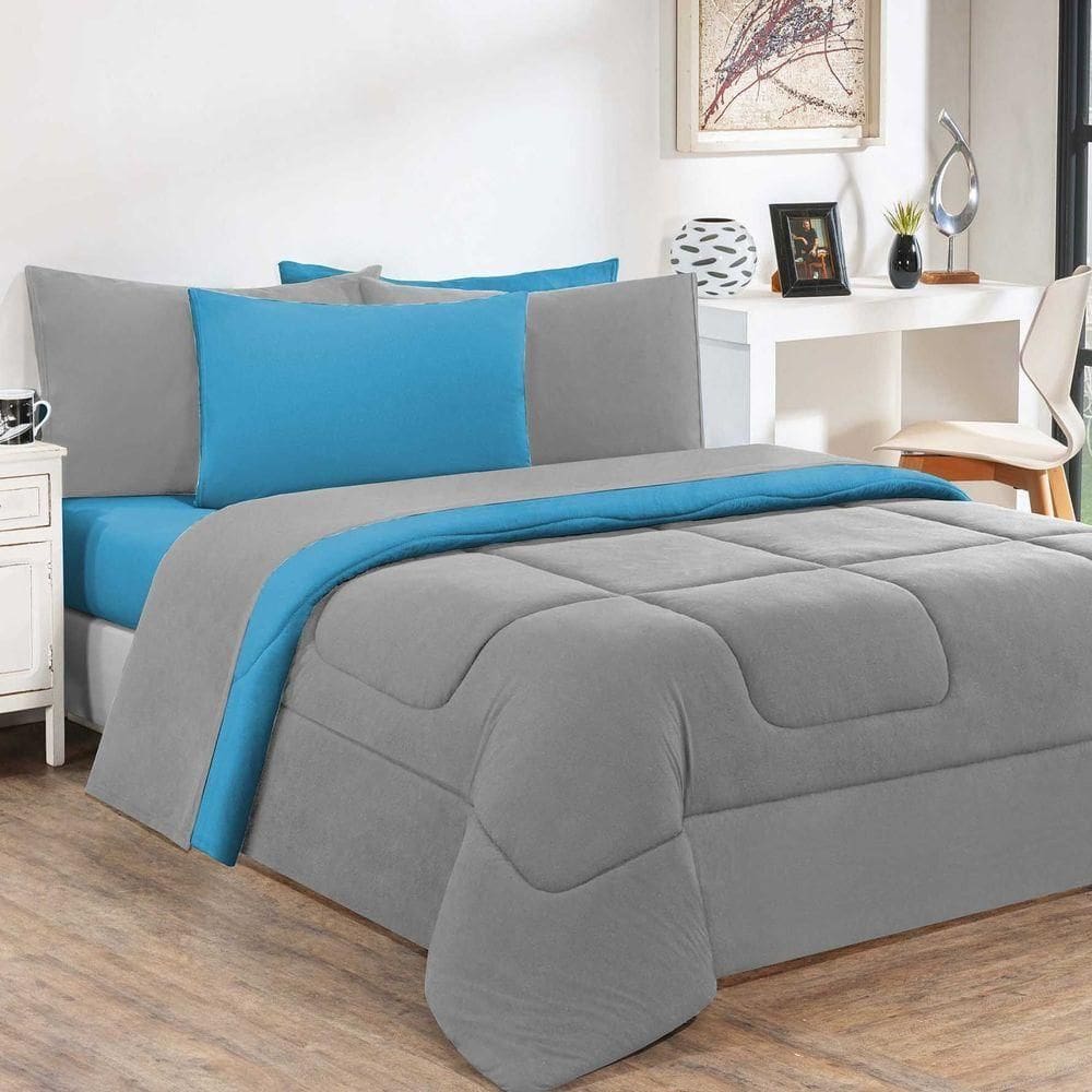 Kit Edredom + Jogo De Lençol Malha 100% Algodão Gran Moratta 6 Peças King - Cinza-azul Turquesa