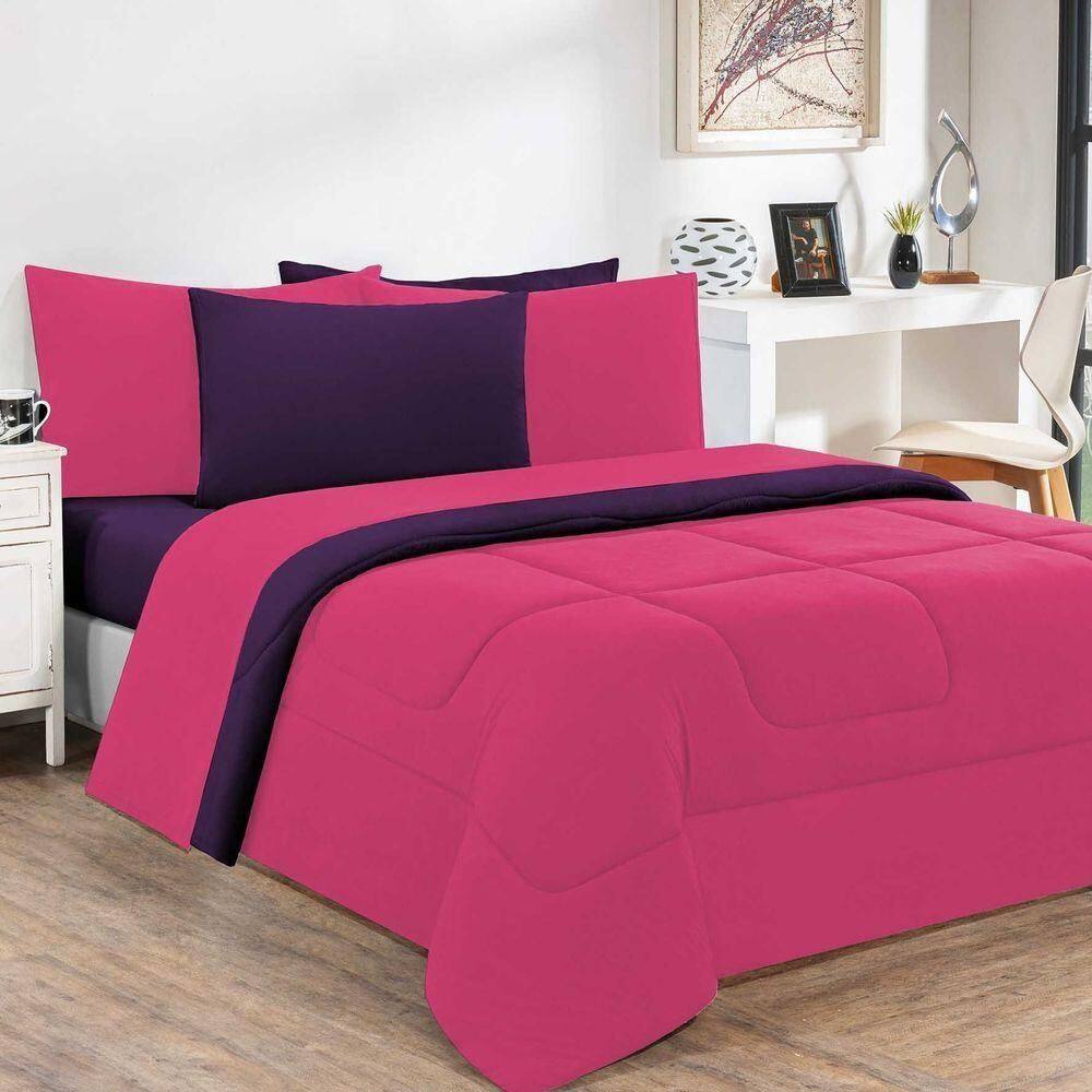 Kit Edredom + Jogo De Lençol Malha 100% Algodão Gran Moratta 7 Peças Queen - Pink -roxo
