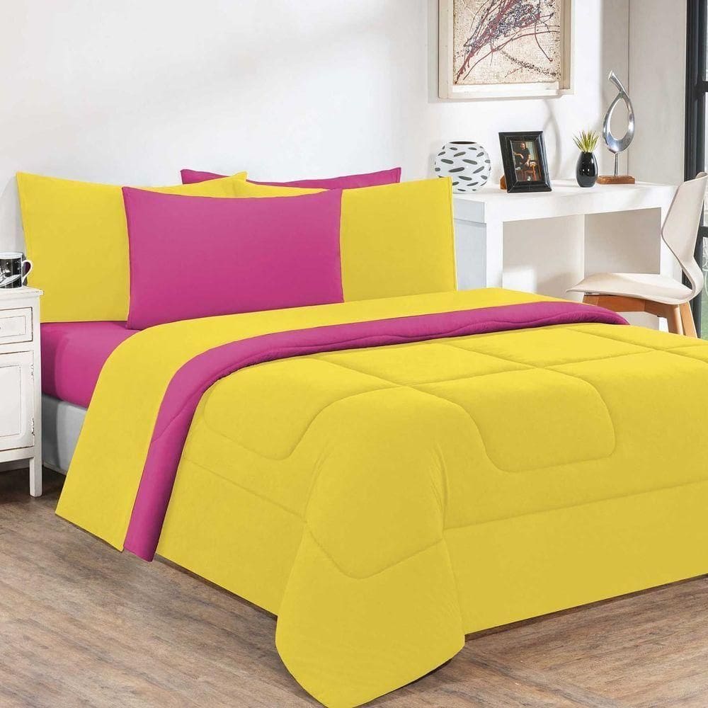 Kit Edredom + Jogo De Lençol Malha 100% Algodão Gran Moratta 7 Peças Queen - Amarelo-pink