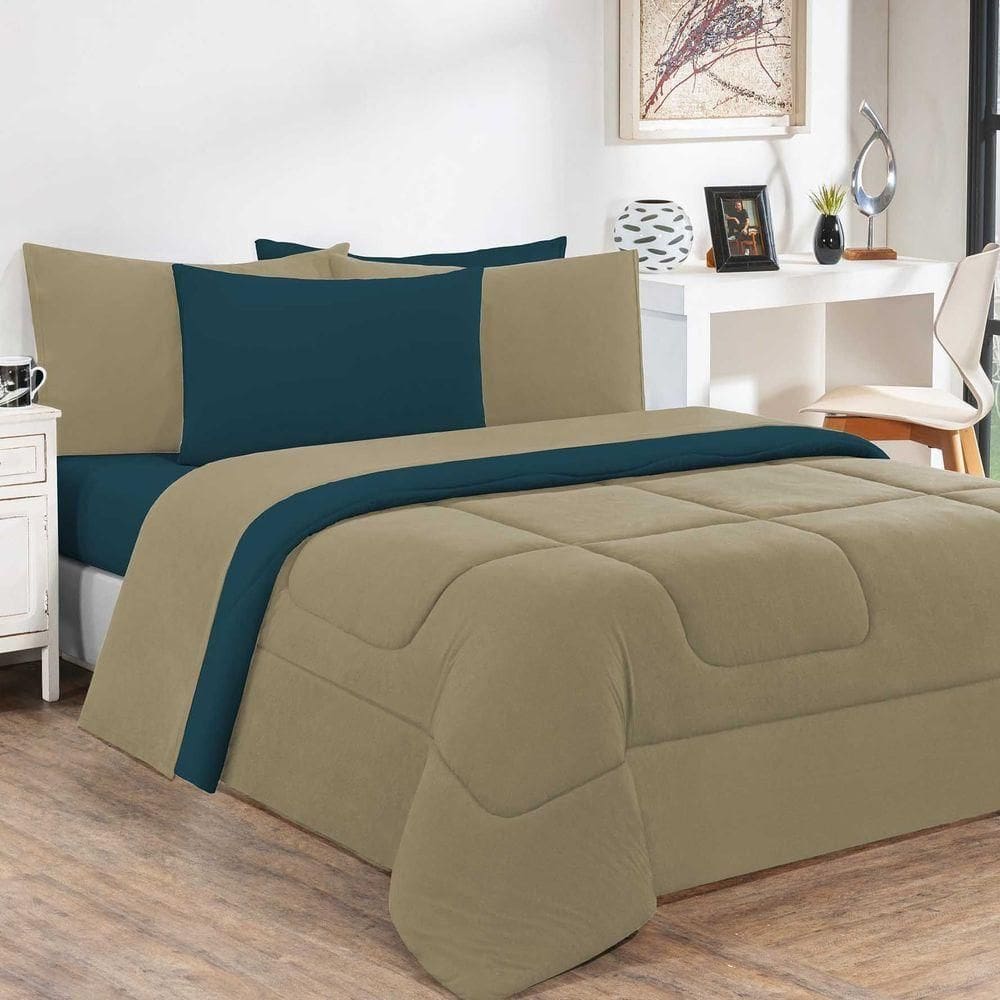 Kit Edredom + Jogo De Lençol Malha 100% Algodão Gran Moratta 6 Peças King - Avelã-azul Petróleo