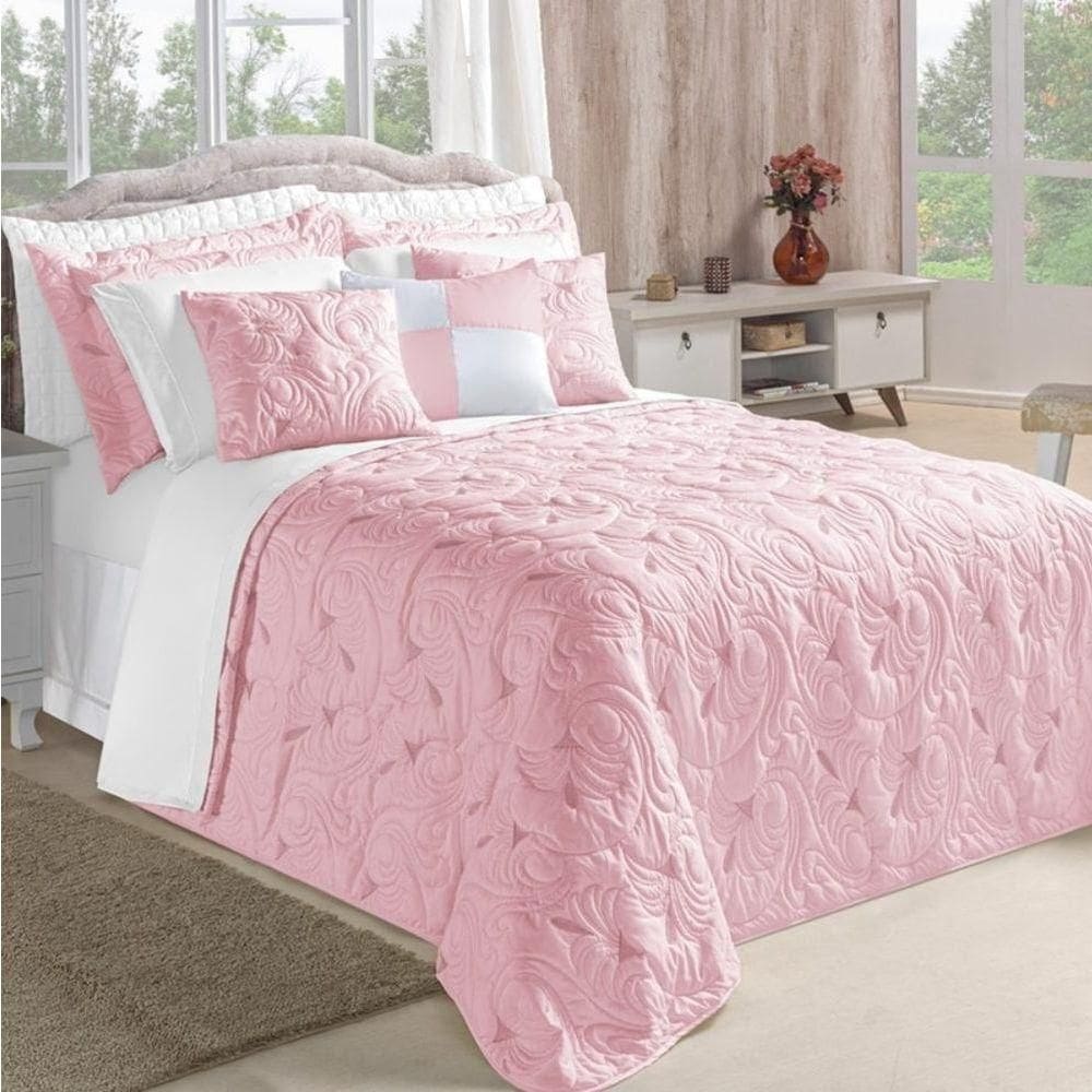 Cobre Leito King Melody Dupla Face Bordado 180 Fios 5 Peças - Rose