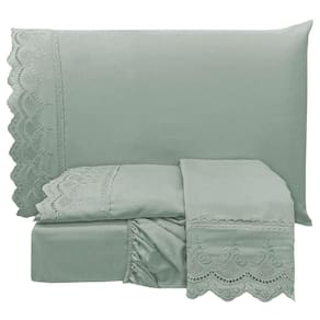 Jogo De Cama Lençol Realce King 4 Peças Percal 300 Fios Bordado Inglês Macio - Cinza Chumbo