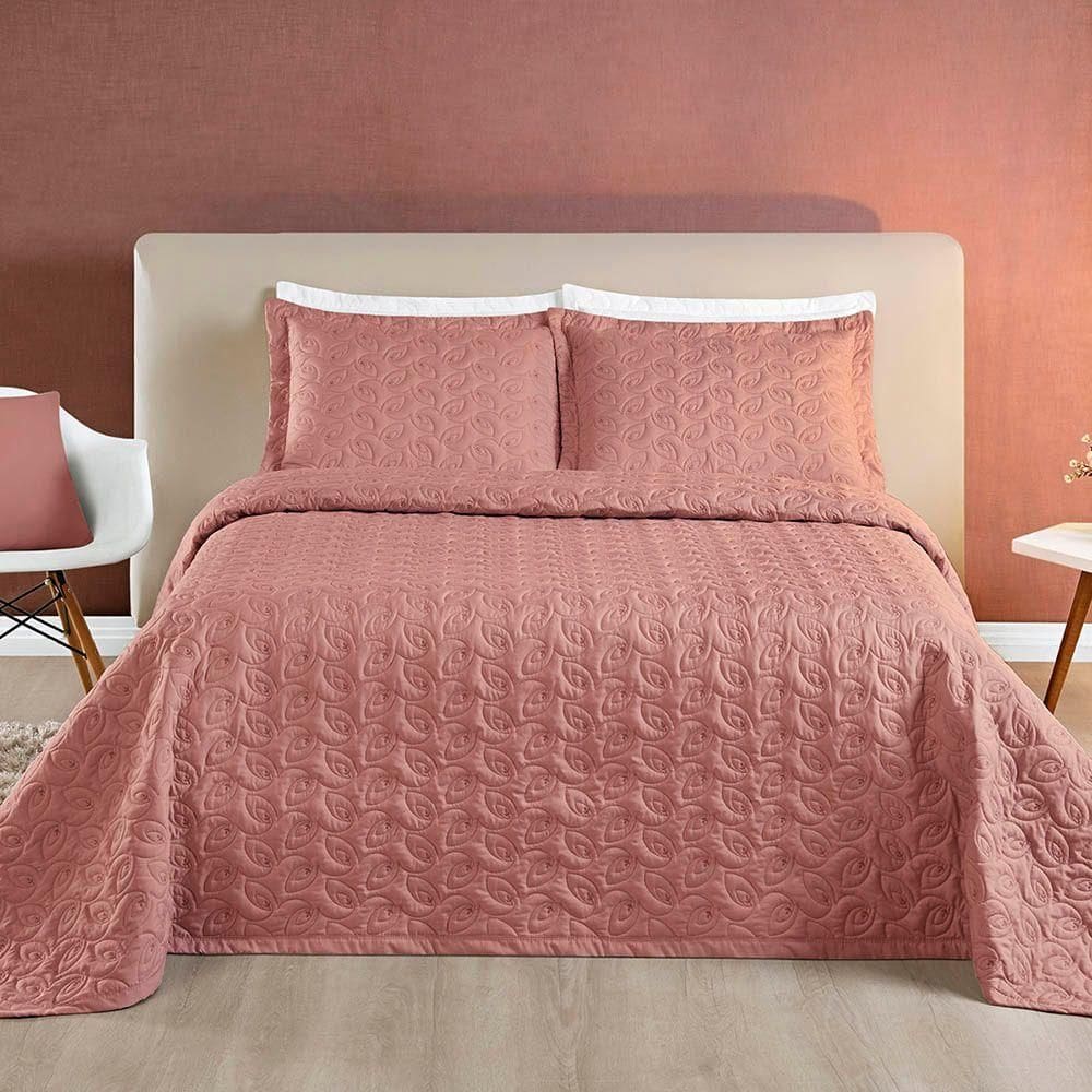 Kit Cobre Leito Colcha Tendência Queen 3 Peças Micropercal 200 Fios Bordado Premium - Rosê
