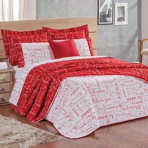 Cobre Leito Queen Te Amo Dupla Face 150 Fios Algodão 3 Peças - Vermelho/branco