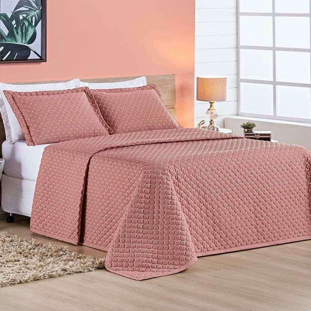 Cobre Leito Queen Ravena Bordado Micropercal 200 Fios 3 Peças - Rose