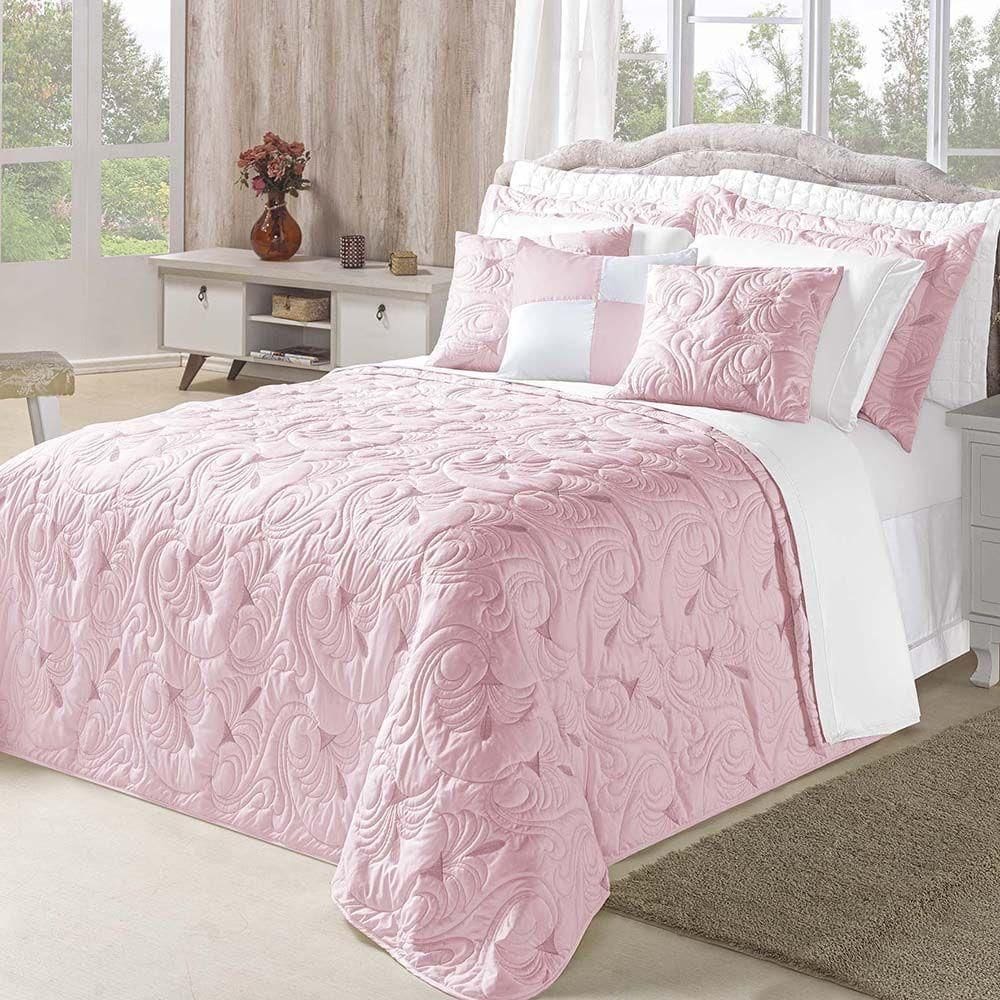 Kit Cobre Leito Colcha Diamante King 5 Peças Bordado Floral Dupla Face 180 Fios - Rosê