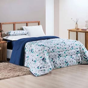 Kit Edredom Grace Super King 01 Peça 100% Algodão Dupla Face Extra Macio Estampado - Azul Geométrico
