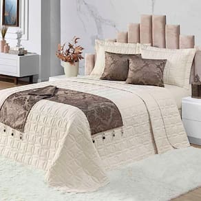 Kit Cobre Leito Colcha Midna Queen 8 Peças Dupla Face Xale Floral Jacquard Pedraria - Marrom Palha