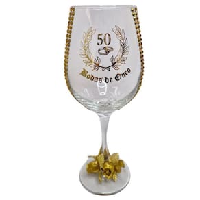 Taça Vidro Bodas De Ouro 50 Anos Rosas Casal Vinho